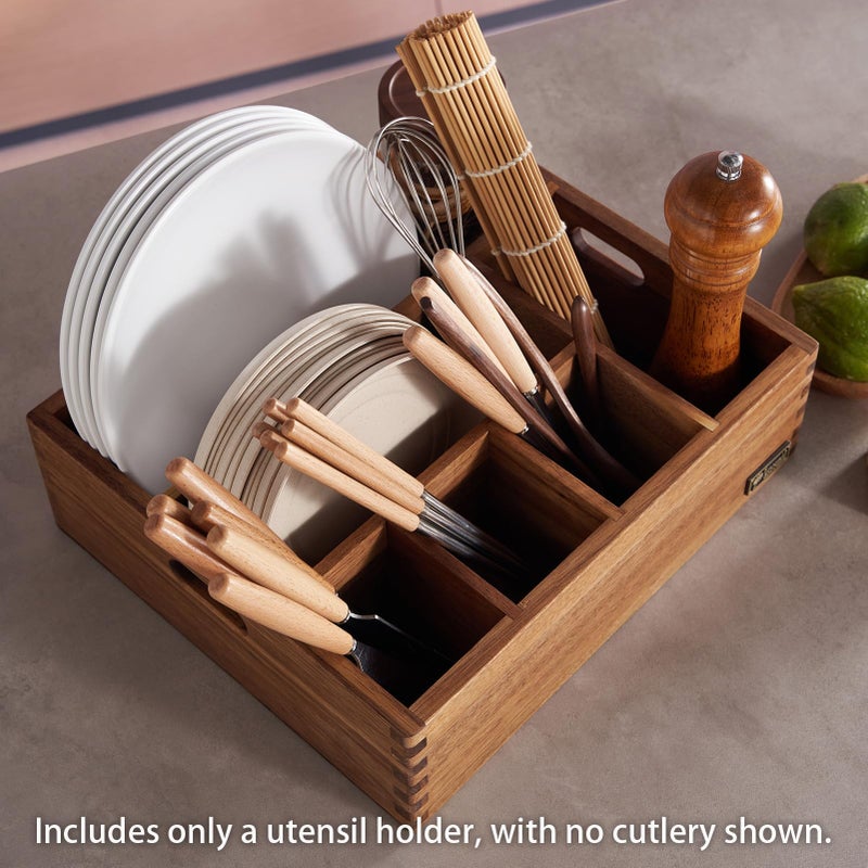 SANOSY Acacia Wood Utensil Holder, Paper Plate Dispenser Organizer for Countertop - 6 Compartment Silverware Caddy for Friendsgiving Party - Cutlery Holder for Cup, Fork, Spoon, Kitchen, Camping, Buffet - Image 4
