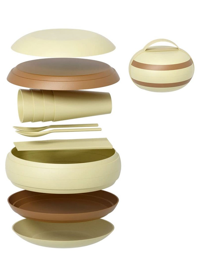 SYOSI مجموعة أطباق نزهة التخييم، مجموعة أطباق آمنة للاستخدام في غسالة الأطباق والميكروويف (17 قطعة) مجموعة أدوات مائدة بلاستيكية محمولة قابلة لإعادة الاستخدام للتخييم والنزهة والمطبخ رائعة للأطفال والكبار (بيج) - Image 1