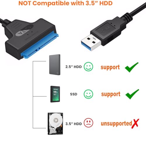 Yxflz SATA to USB 3.0 Cable - USB Adapter Compatible for 2.5"" HDD & SSD Hard Drive Reader, External Hard Drive Converter Support UASP, Black - Image 4