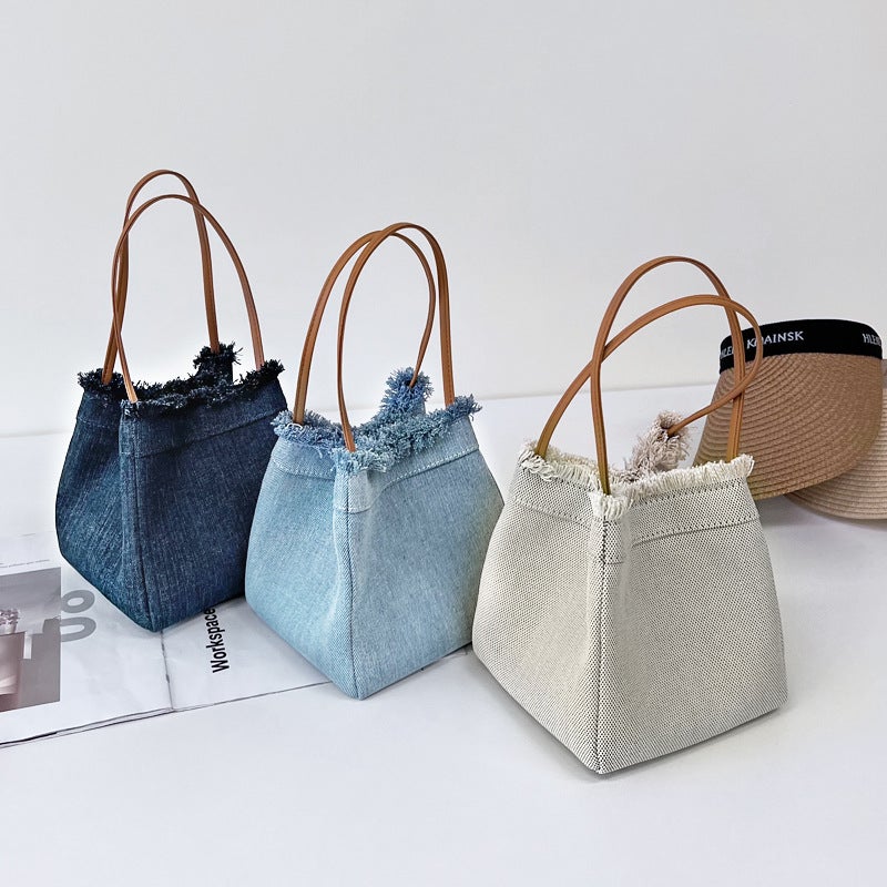 Bag New Women'S 2022 Niche Simple Small Square Bag Denim Canvas Portable Bucket Bag Fashionable All-Match Vegetable Basket - Image 2