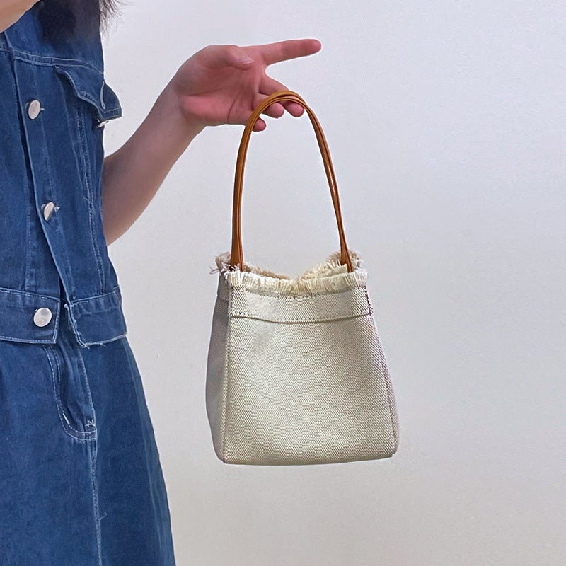 Bag New Women'S 2022 Niche Simple Small Square Bag Denim Canvas Portable Bucket Bag Fashionable All-Match Vegetable Basket - Image 4