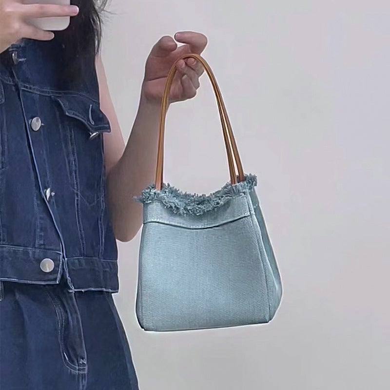 Bag New Women'S 2022 Niche Simple Small Square Bag Denim Canvas Portable Bucket Bag Fashionable All-Match Vegetable Basket - Image 3