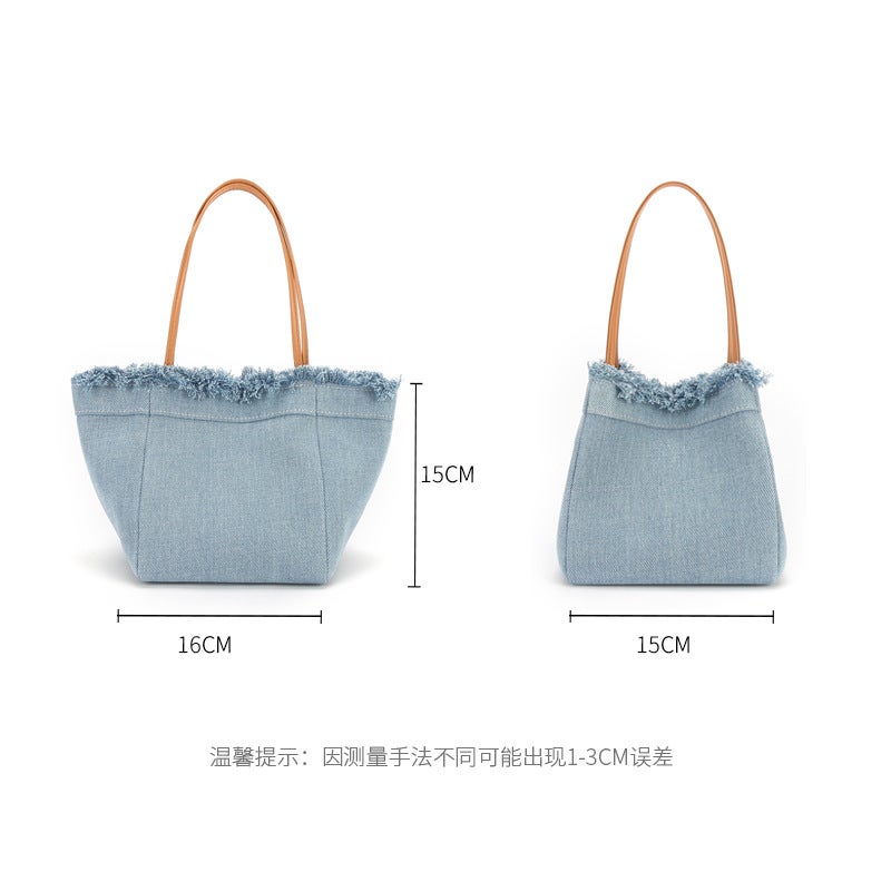 Bag New Women'S 2022 Niche Simple Small Square Bag Denim Canvas Portable Bucket Bag Fashionable All-Match Vegetable Basket - Image 5