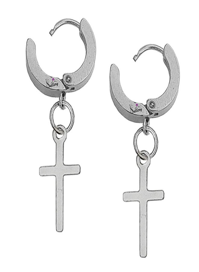 Sullery Religious Jesus Cross Charm Silver Stainless Steel Hoop earrings For Men And Women - Image 2