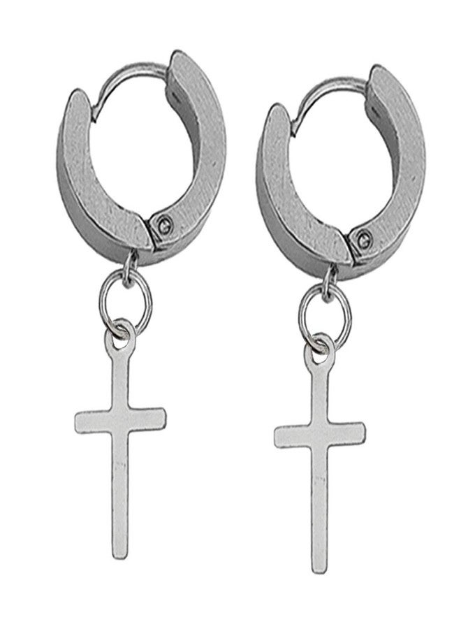 Sullery Religious Jesus Cross Charm Silver Stainless Steel Hoop earrings For Men And Women - Image 1