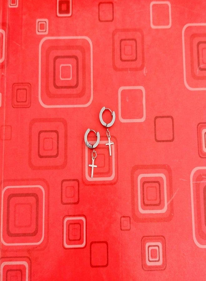 Sullery Religious Jesus Cross Charm Silver Stainless Steel Hoop earrings For Men And Women - Image 3