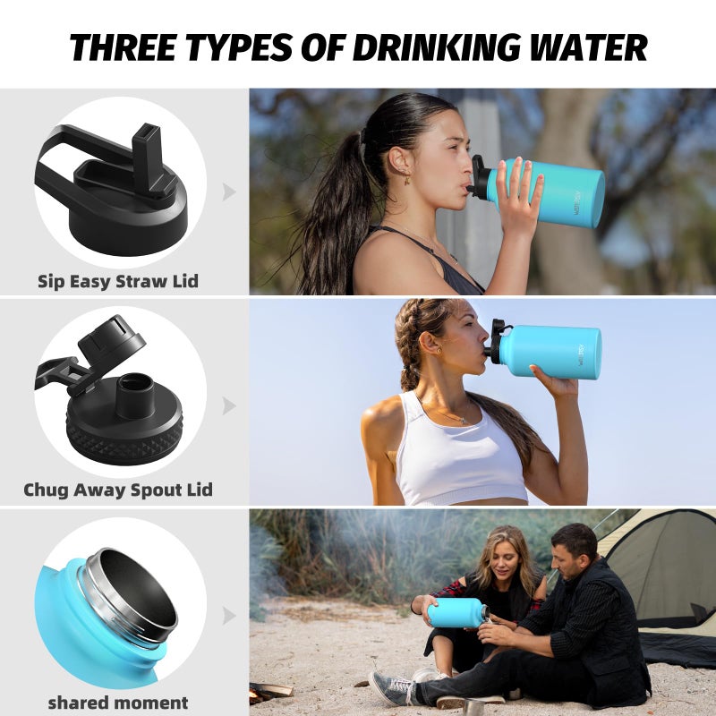 WATERSY 64oz Insulated Water Bottle (Cold for 48 Hrs),BPA Free&Leak Proof,Half Gallon Stainless Steel Water Flask,Water Jug with Straw Spout Lids for Gym,Hiking,Camping,Sky Blue - Image 3