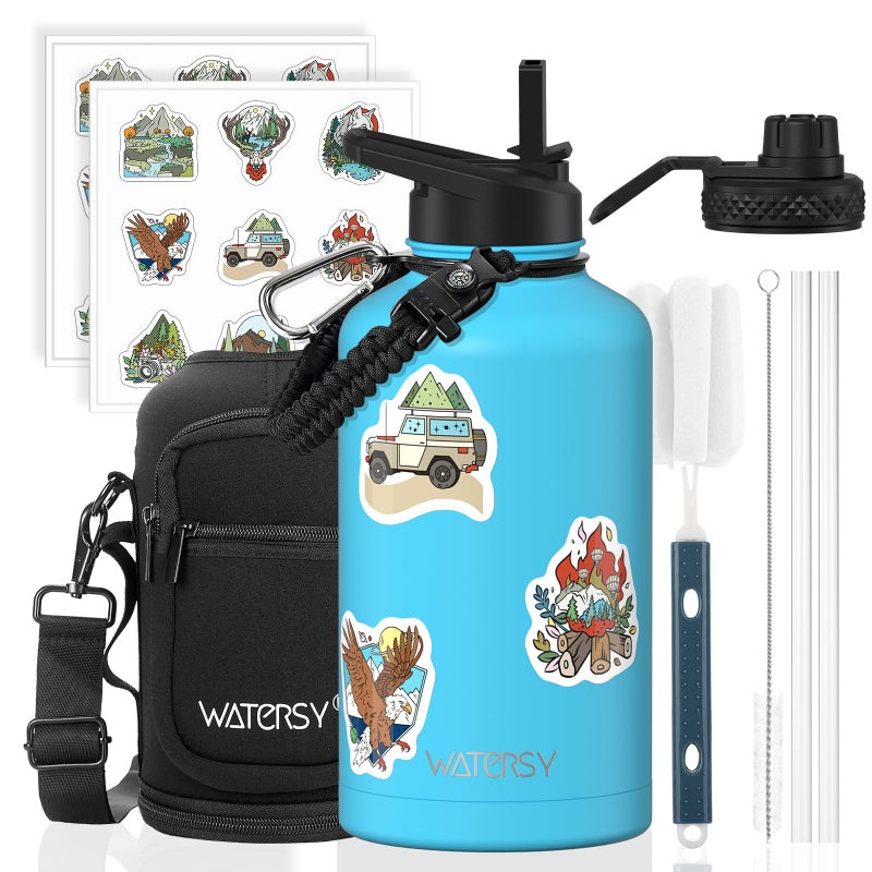 WATERSY 64oz Insulated Water Bottle (Cold for 48 Hrs),BPA Free&Leak Proof,Half Gallon Stainless Steel Water Flask,Water Jug with Straw Spout Lids for Gym,Hiking,Camping,Sky Blue - Image 1