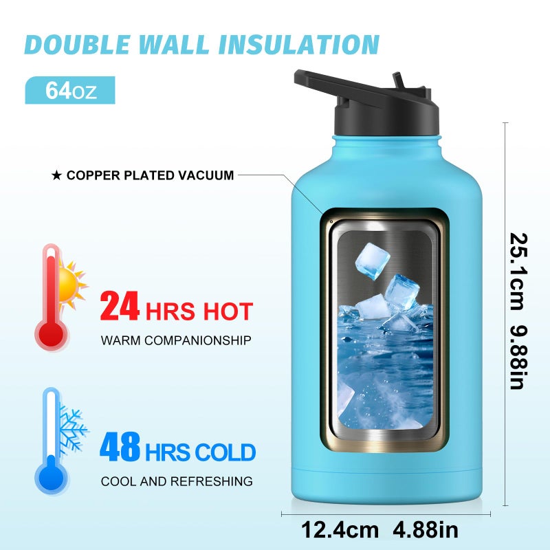 WATERSY 64oz Insulated Water Bottle (Cold for 48 Hrs),BPA Free&Leak Proof,Half Gallon Stainless Steel Water Flask,Water Jug with Straw Spout Lids for Gym,Hiking,Camping,Sky Blue - Image 2