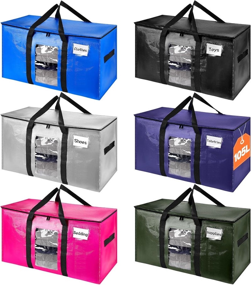 VZZNN 6 Pack Extra Large Moving Bags with Visible Window & Tag Pocket,Strong Zippers & Handles, Heavy Duty Storage Totes for Moving & Space Saving - Image 1