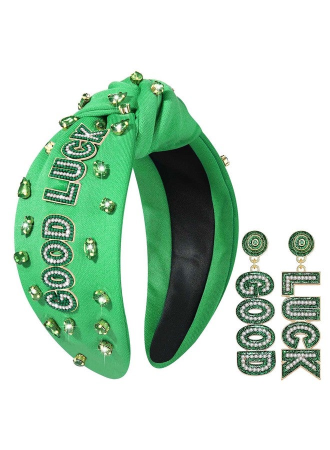 PHALIN St. Patrick’S Day Headband For Women Lucky Shamrock Knotted Headband Good Luck Headband Embellished Rhinestone Wide Top Knot Headband St. Patrick'S Day Hair Accessories Irish Holiday Gifts (Good Luck) - Image 1
