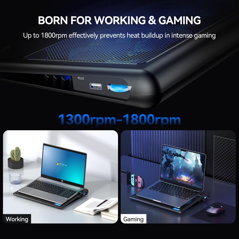 TECKNET Laptop Cooling Pad, 12"-15.6" Laptop Cooler, Gaming Laptop Cooling Stand, Wind Speed Adjustable, 2 USB Powered Laptop Fan Cooling Pad for Laptop Within 16 Inch (Blue) - Image 3