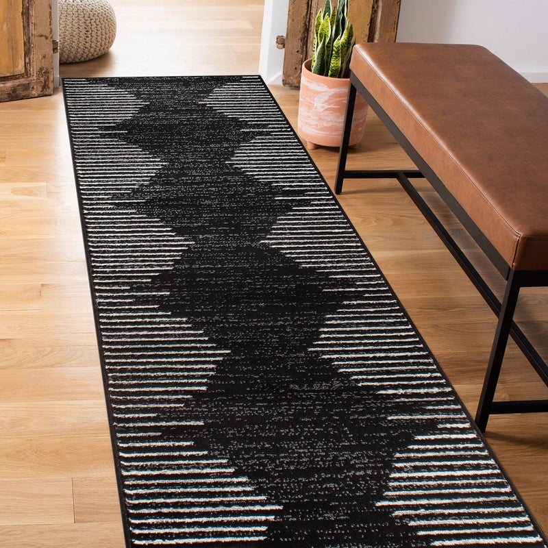 Rugshop Bohemian Stripe Stain Resistant High Traffic Living Room Kitchen Bedroom Dining Home Office Runner Rug 27 x 6 Black