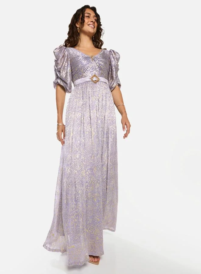 House of Moda Embellished Waist Draped Puff Sleeve Maxi Dress