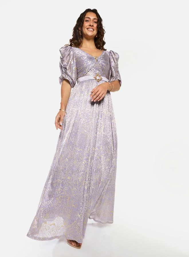 House of Moda Embellished Waist Draped Puff Sleeve Maxi Dress