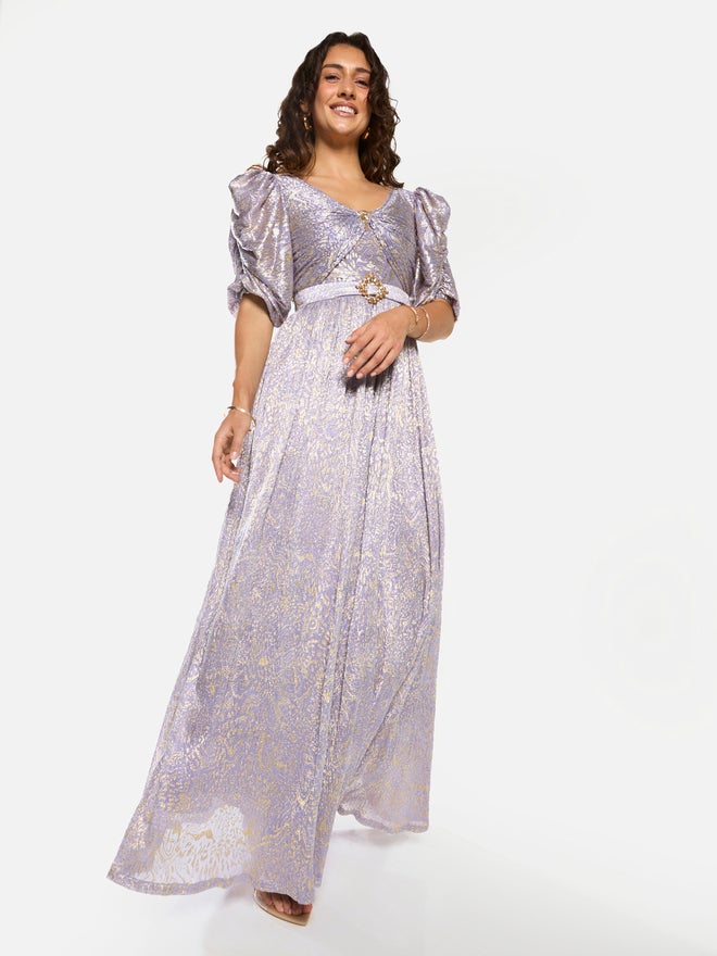 House of Moda Embellished Waist Draped Puff Sleeve Maxi Dress - Image 1