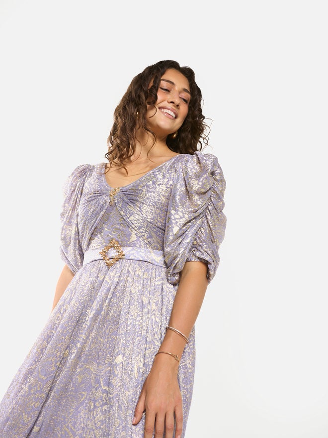 House of Moda Embellished Waist Draped Puff Sleeve Maxi Dress - Image 4