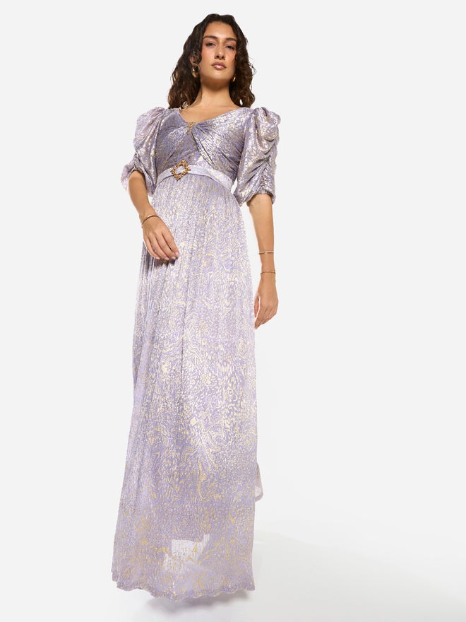 House of Moda Embellished Waist Draped Puff Sleeve Maxi Dress - Image 3