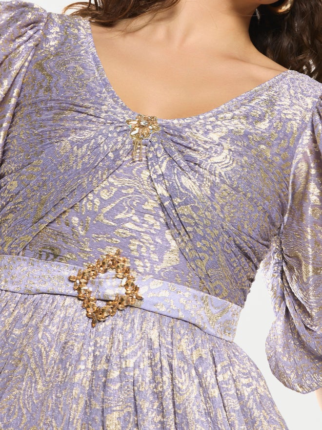 House of Moda Embellished Waist Draped Puff Sleeve Maxi Dress - Image 5