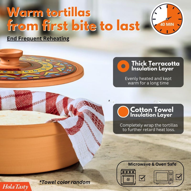 woobud Mexican Terracotta Tortilla Warmer for Thanksgiving | Authentic Terra Cotta Tortilla Holder with Warmer Cloth | Natural Clay Tortillero Keeps 8" Tortillas Warm | Bread Warmer for Fall Dinner Party - Image 3