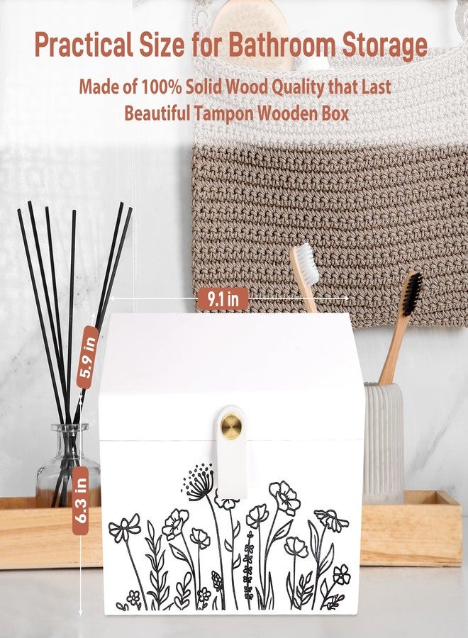 Intarsio Wooden Floral Tampon Holder Box with Lid and Copper Leather Pull, Farmhouse Bathroom Decorative Box for Feminine Product Storage and Accessories such as Tampons, Cotton Balls, Wipes, Gifts for Women - Image 3