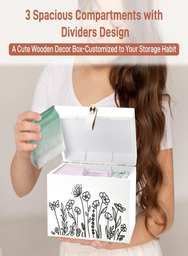Intarsio Wooden Floral Tampon Holder Box with Lid and Copper Leather Pull, Farmhouse Bathroom Decorative Box for Feminine Product Storage and Accessories such as Tampons, Cotton Balls, Wipes, Gifts for Women - Image 4