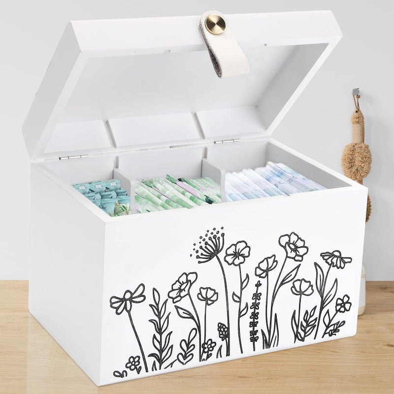Intarsio Wooden Floral Tampon Holder Box with Lid and Copper Leather Pull, Farmhouse Bathroom Decorative Box for Feminine Product Storage and Accessories such as Tampons, Cotton Balls, Wipes, Gifts for Women - Image 1