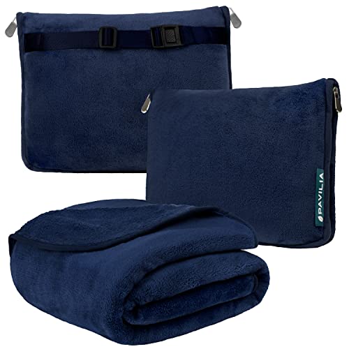 PAVILIA Travel Blanket Pillow, Soft Airplane Blanket 2-IN-1 Combo Set, Plane Blanket Compact Packable, Flight Essentials Car Pillow, Travelers Gifts Accessories Luggage Backpack Strap, 60x43 Navy Blue - Image 1