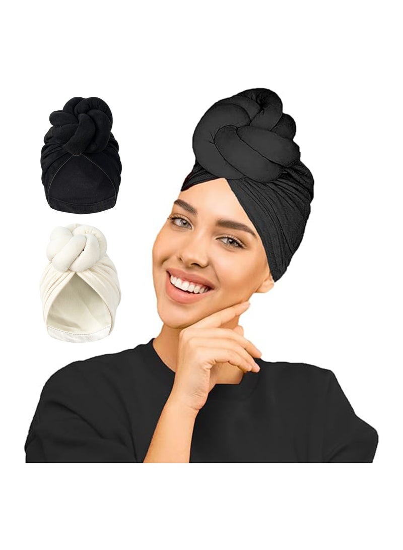 Zikra Women Turbans and Head Wraps, Women African Turban Flower Knot Pre-Tied Bonnet Beanie Cap Headwrap, Stretch Jersey Turban Head Wrap, Urban Hair Wrap Scarf (Black, Beige) - Image 1