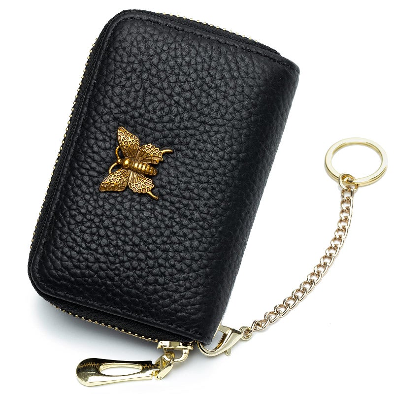 imeetu RFID Credit Card Holder for Women Genuine Leather Card Case Wallet with Zipper and Removable Keychain (Black) - Image 1