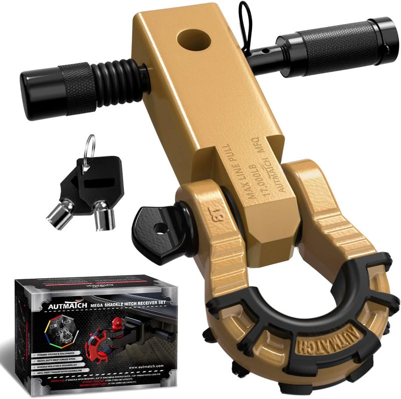 AUTMATCH Shackle Hitch Receiver 2" with 3/4" Mega D Ring Shackle and 5/8" Trailer Hitch Lock Pin, 68,000 Lbs Break Strength Heavy Duty Receiver Towing Kit for Off-Road Vehicle Recovery, Gold - Image 1