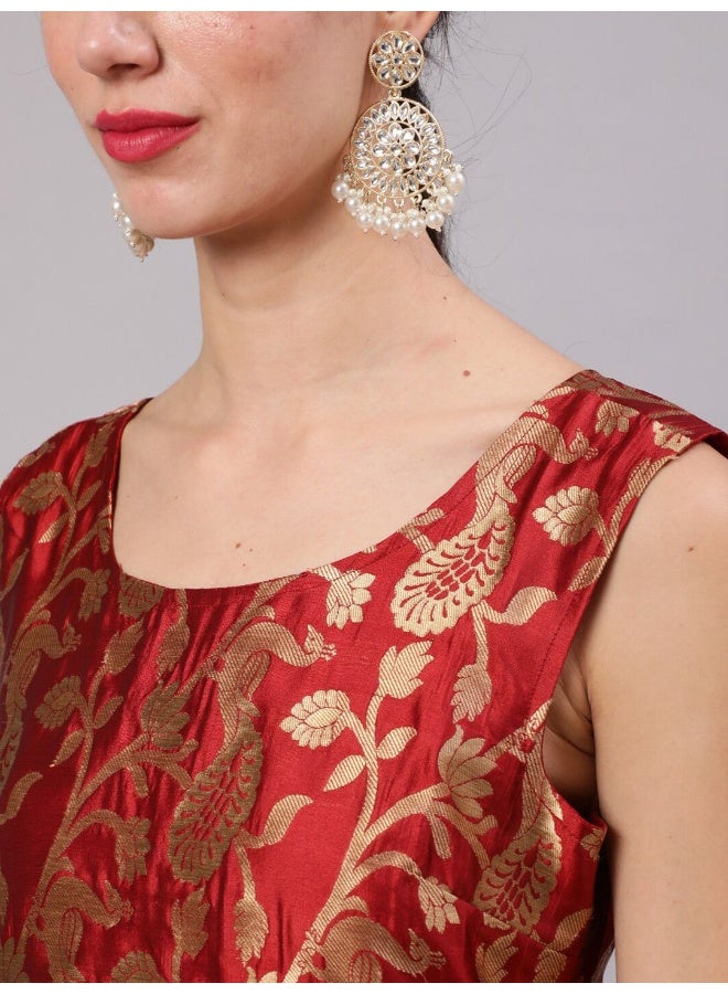 AKS Maroon Jacquard Zari Work Wrap Dress  - Image 2