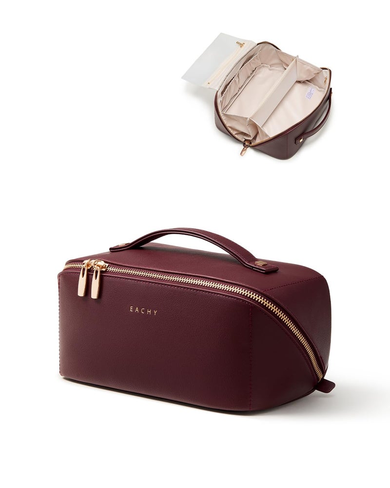 EACHY Makeup Bag, Portable 180Â° Wide-Open Flat Travel Toiletry Bag, Waterproof Cosmetic Bags for Women Large Capacity Makeup Pouch with Divider and Handle - Image 1