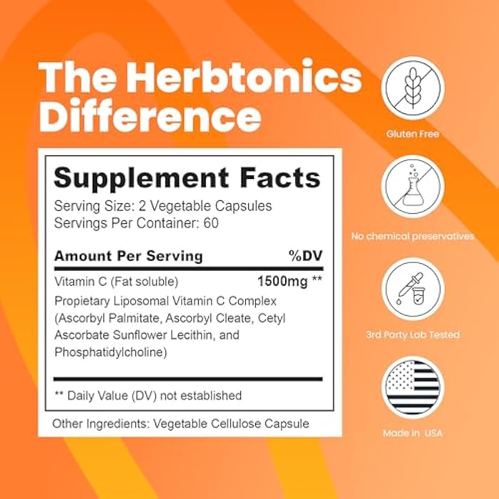 Herbtonics كبسولات فيتامين سي ليبوسومال 1500 ملغ مكمل دعم المناعة | صحة الجهاز المناعي | فيتامين سي عالي الامتصاص | يحتوي على الكولاجين | 120 كبسولة نباتية غير معدلة وراثيًا - Image 2