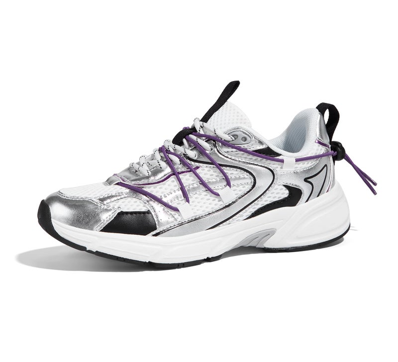 LUCKY STEP Women's Fashion Walking Shoes Running Platform Mesh Casual Sport Gym Work Adjustable Lace Lifestyle Stylish Trendy Athletic Tennis Shoes(Silver/Purple,9 B(M) US) - Image 1