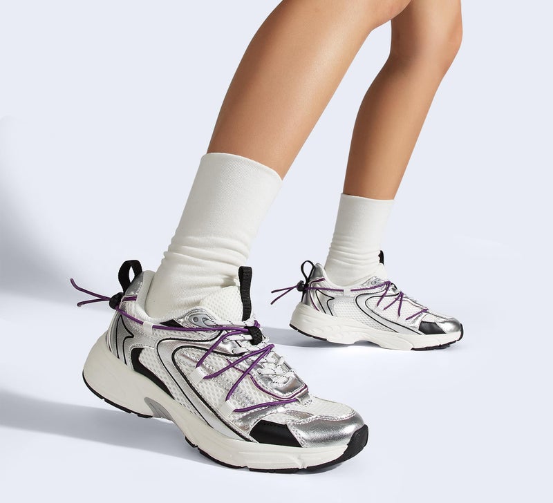 LUCKY STEP Women's Fashion Walking Shoes Running Platform Mesh Casual Sport Gym Work Adjustable Lace Lifestyle Stylish Trendy Athletic Tennis Shoes(Silver/Purple,9 B(M) US) - Image 2