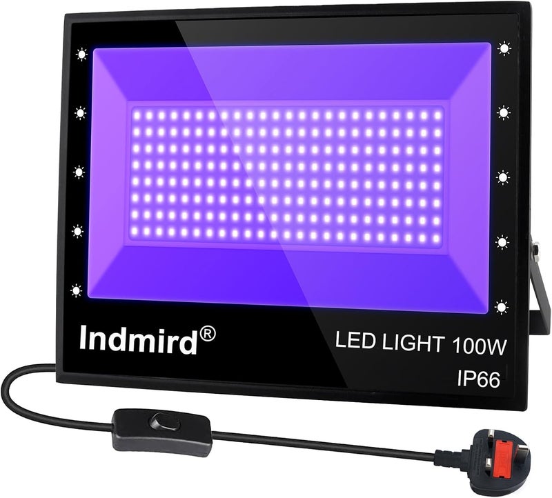 Indmird UV LED Black Light, Indmird 100W 395nm Ultraviolet LED Flood Light, IP66 Waterproof Ultraviolet Blacklight for Dog Cat Urine Pet Dry Stains Party Disco Club Aquarium Decorations - Image 1