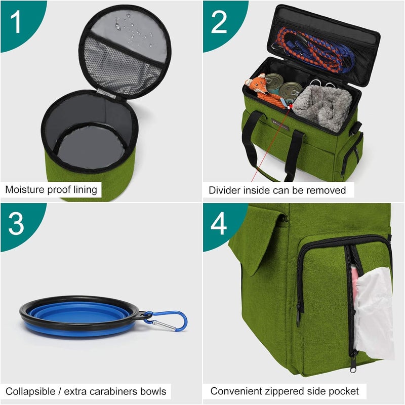 Modoker Dog Travel Bag, Weekend Pet Travel Set for Dog and Cat, Airline Approved Tote Organizer with Multi-Function Pockets and 2 Food Storage Containers, 2 Collapsible Bowls, 1 Feeding Mat (Green) - Image 4