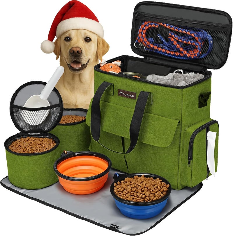 Modoker Dog Travel Bag, Weekend Pet Travel Set for Dog and Cat, Airline Approved Tote Organizer with Multi-Function Pockets and 2 Food Storage Containers, 2 Collapsible Bowls, 1 Feeding Mat (Green) - Image 1