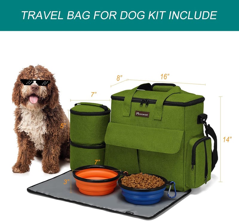 Modoker Dog Travel Bag, Weekend Pet Travel Set for Dog and Cat, Airline Approved Tote Organizer with Multi-Function Pockets and 2 Food Storage Containers, 2 Collapsible Bowls, 1 Feeding Mat (Green) - Image 3