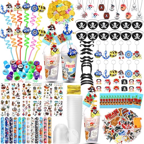 Spakon 327 Pcs Pirate Party Favors Supplies Include Pirate Pendants Bracelets Cup Straw Keychains Rings Eye Masks Mustache Tattoo Stickers Gold Coins Cards for Birthday Party - Image 1