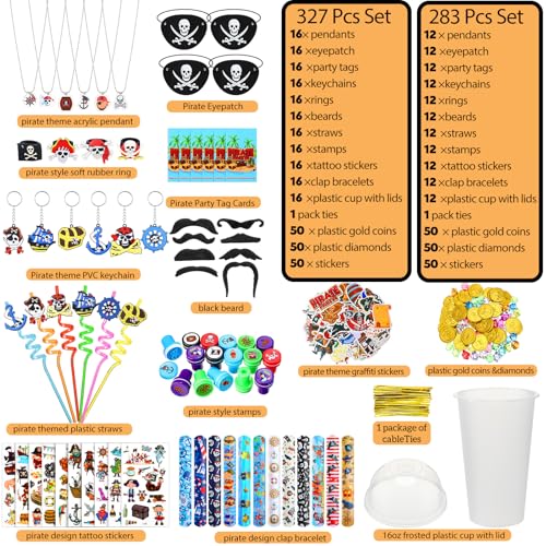 Spakon 327 Pcs Pirate Party Favors Supplies Include Pirate Pendants Bracelets Cup Straw Keychains Rings Eye Masks Mustache Tattoo Stickers Gold Coins Cards for Birthday Party - Image 5