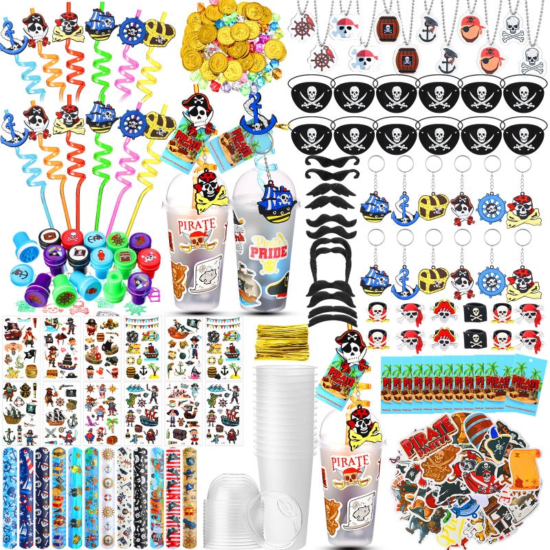 Spakon 327 Pcs Pirate Party Favors Supplies Include Pirate Pendants Bracelets Cup Straw Keychains Rings Eye Masks Mustache Tattoo Stickers Gold Coins Cards for Birthday Party - Image 3