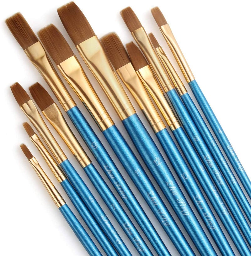 KRAFTMASTERS Flat Paint Brushes Set, 12pcs Paintbrushes Flat/Shader Tip for Watercolor, Oil, Acrylic Painting and Craft, Nail, Face Paint - Image 1