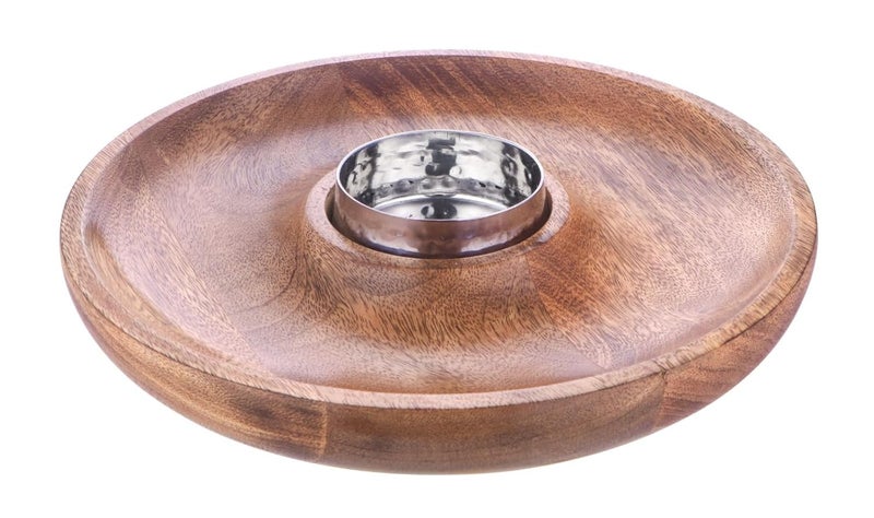 Wooden Chip and Dip Bowl Set Round Serving Platter with Stainless Steel Dip Bowl Mango Wood  - Image 1