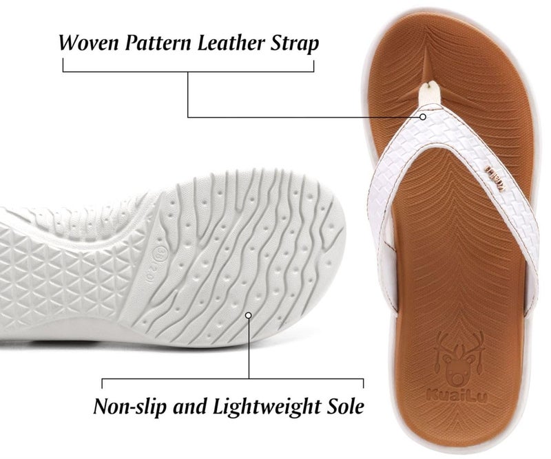 KuaiLu Flip Flops for Women Ladies Yoga Mat Comfortable Sport Walking Thong Sandal With Plantar Fasciitis Arch Support Slip-on Slides Indoor Outdoor For Summer Size 8.5 White Khaki - Image 4