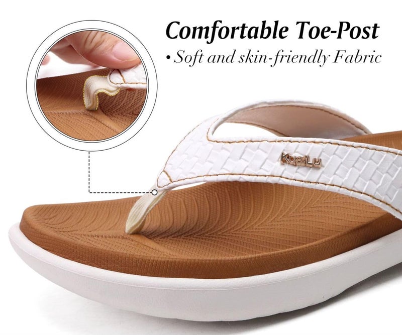 KuaiLu Flip Flops for Women Ladies Yoga Mat Comfortable Sport Walking Thong Sandal With Plantar Fasciitis Arch Support Slip-on Slides Indoor Outdoor For Summer Size 8.5 White Khaki - Image 5