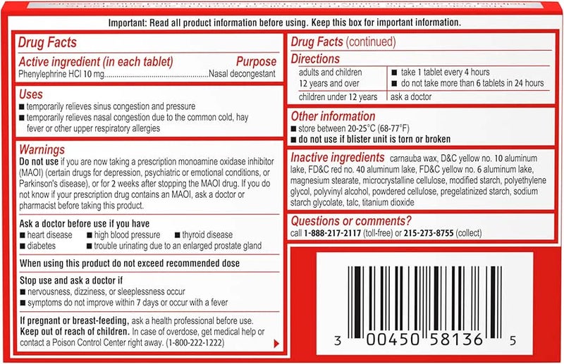 Sudafed PE Sinus Congestion Relief Tablets, Maximum Strength, Non-Drowsy 10 mg Phenylephrine HCI Decongestant for Sinus Pressure & Nasal Congestion Relief, Due to Cold or Allergies, 36 ct - Image 4