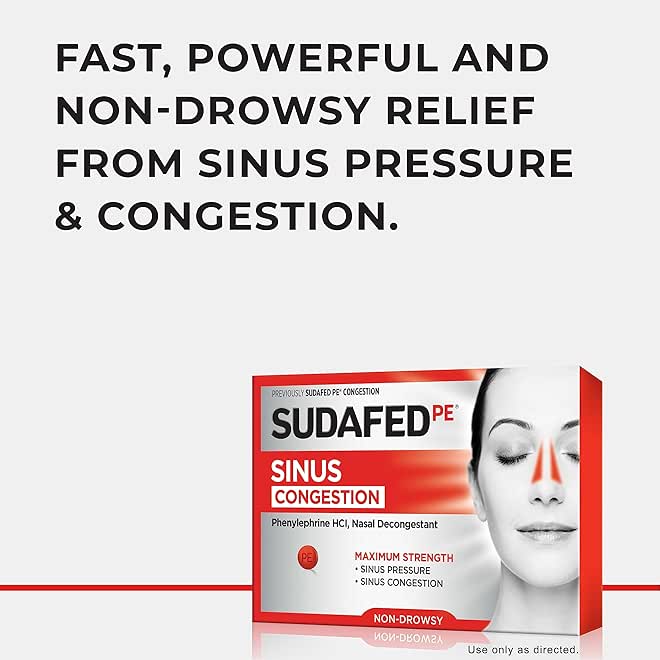 Sudafed PE Sinus Congestion Relief Tablets, Maximum Strength, Non-Drowsy 10 mg Phenylephrine HCI Decongestant for Sinus Pressure & Nasal Congestion Relief, Due to Cold or Allergies, 36 ct - Image 2