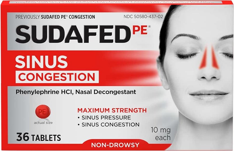 Sudafed PE Sinus Congestion Relief Tablets, Maximum Strength, Non-Drowsy 10 mg Phenylephrine HCI Decongestant for Sinus Pressure & Nasal Congestion Relief, Due to Cold or Allergies, 36 ct - Image 1